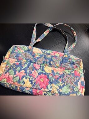 Vintage Quilted Floral Tote Bag in Navy with Pink & Yellow Flowers